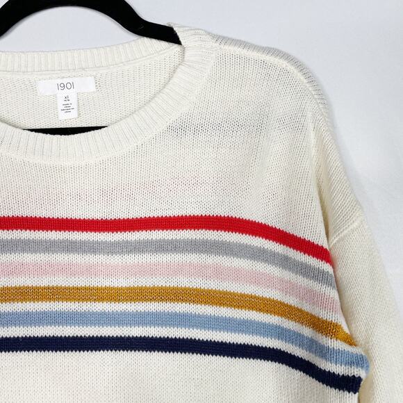 1901 Girls XLarge XL 14-16 Cream Striped Chest Statement Pullover Sweater Multi - Picture 3 of 9